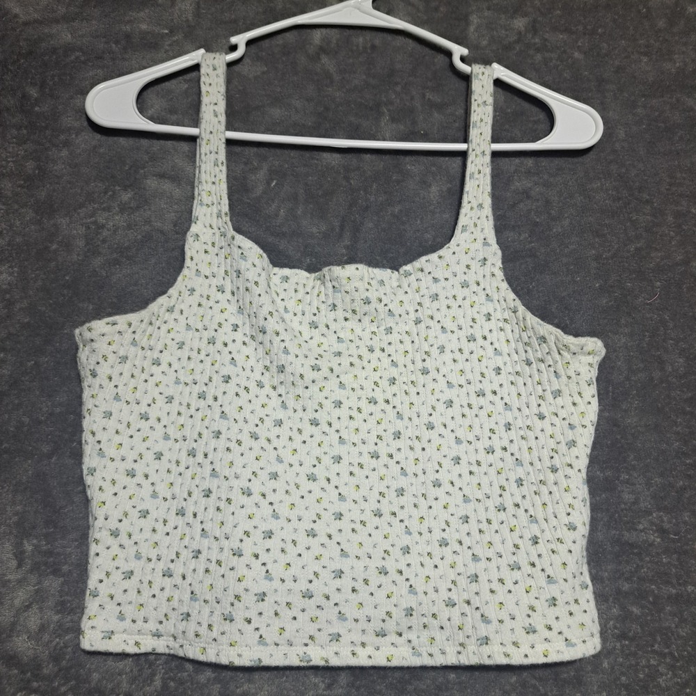 American Eagle Floral Ribbed Crop Tank Top White Blue Yellow Large Cottagecore